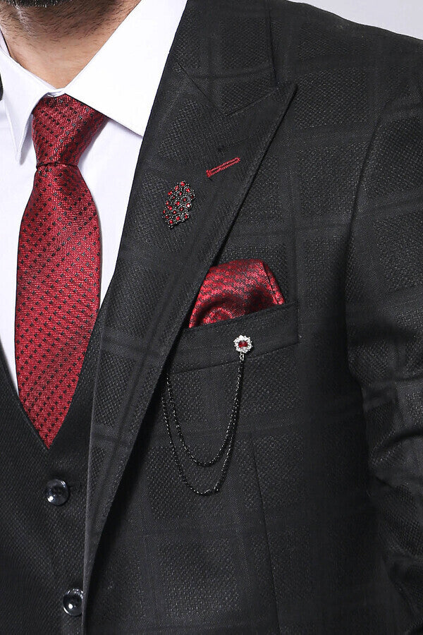Checked Vested Black Suit |