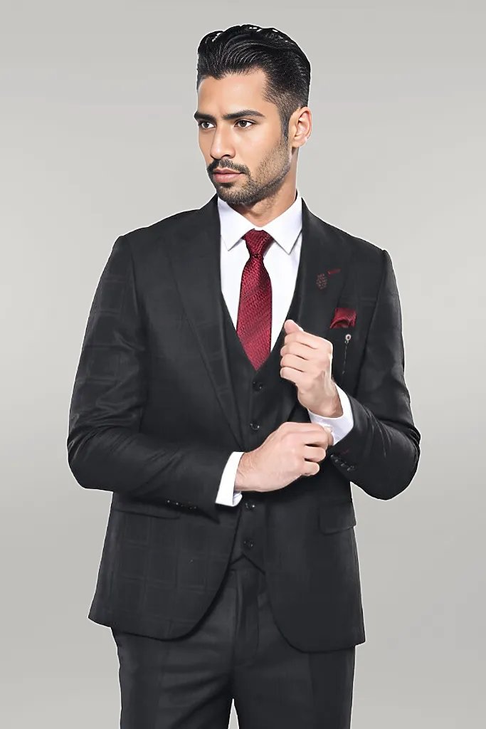 Checked Vested Black Suit |