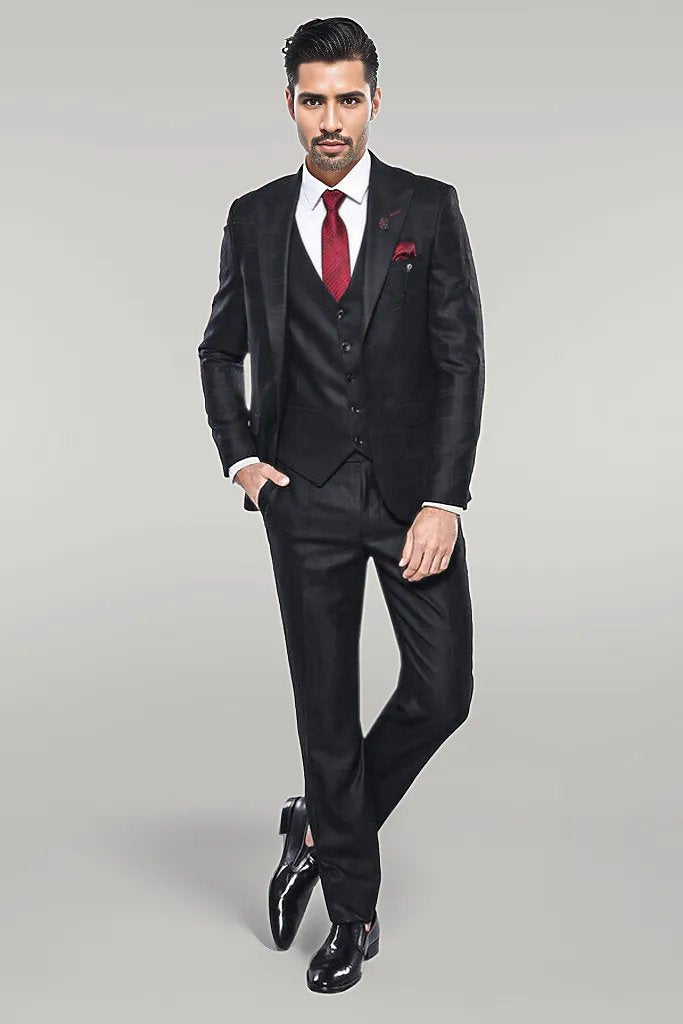 Checked Vested Black Suit |