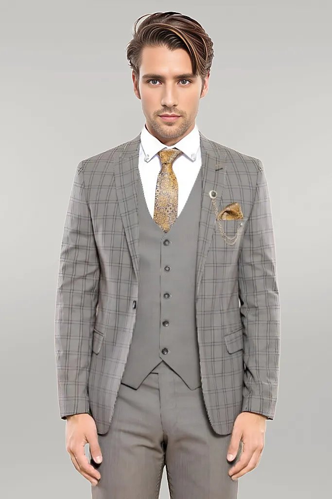 Checked Brown Vested Men's Suit |