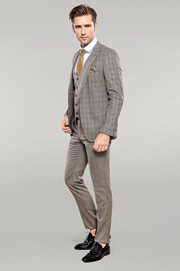 Checked Brown Vested Men's Suit |