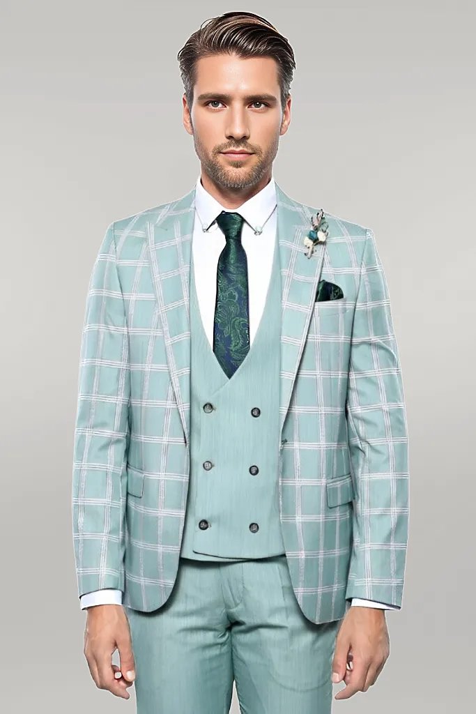 KOALA SYDNEY Checked Light Green Vested Suit |