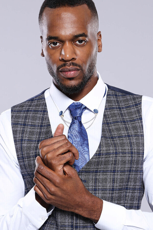 Checked Navy Blue Men Vest