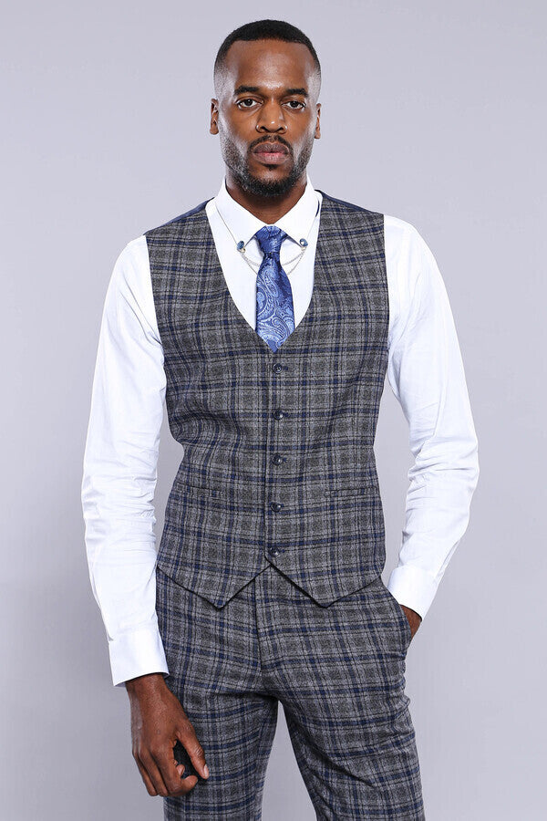 Checked Navy Blue Men Vest