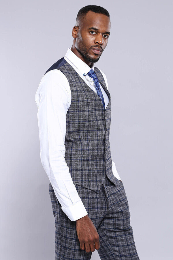 Checked Navy Blue Men Vest