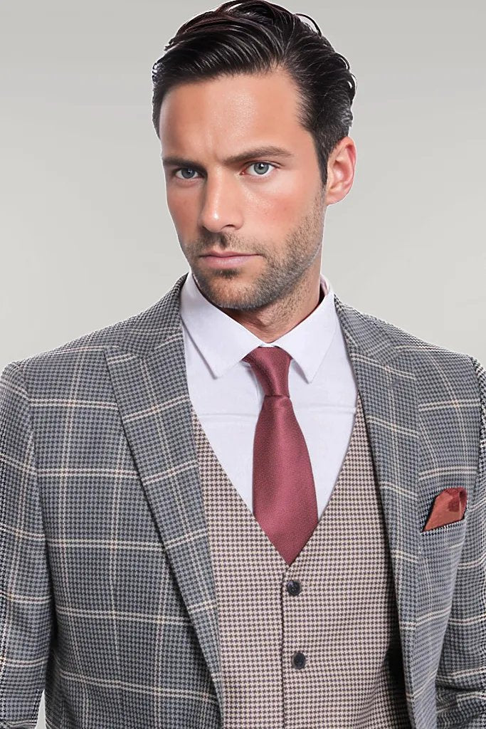 Checked Patterned Beige Vested Slim Fit Grey Men Suit