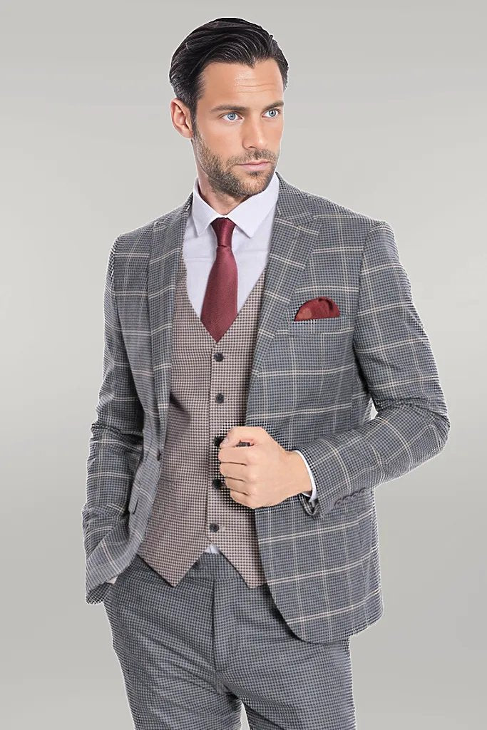 Checked Patterned Beige Vested Slim Fit Grey Men Suit