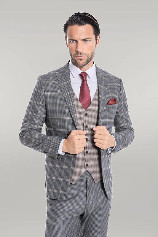 Checked Patterned Beige Vested Slim Fit Grey Men Suit