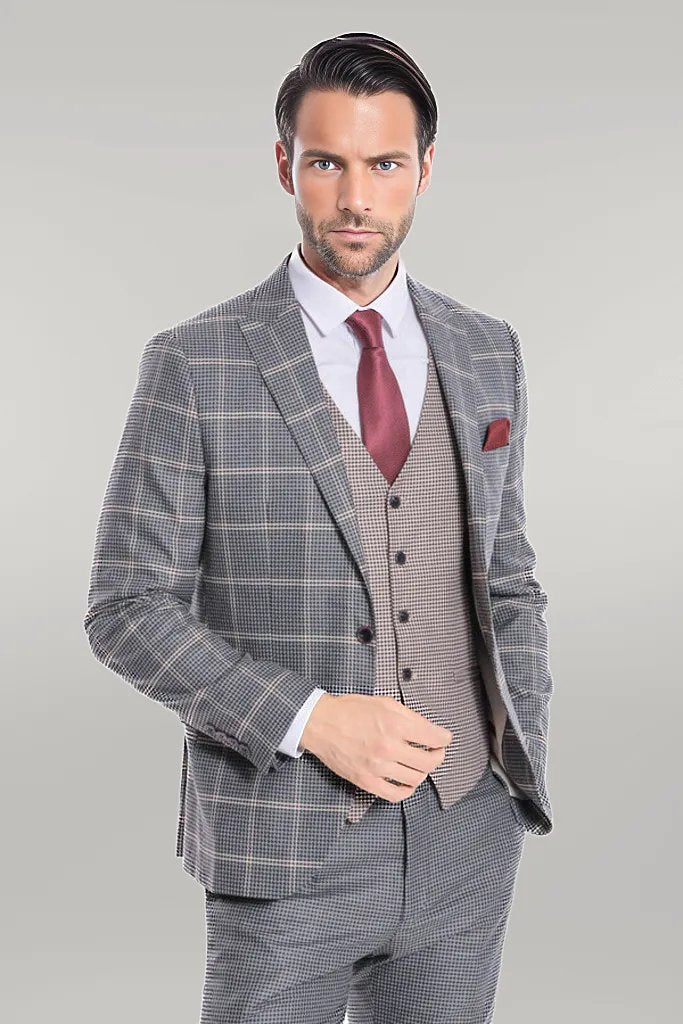 Checked Patterned Beige Vested Slim Fit Grey Men Suit