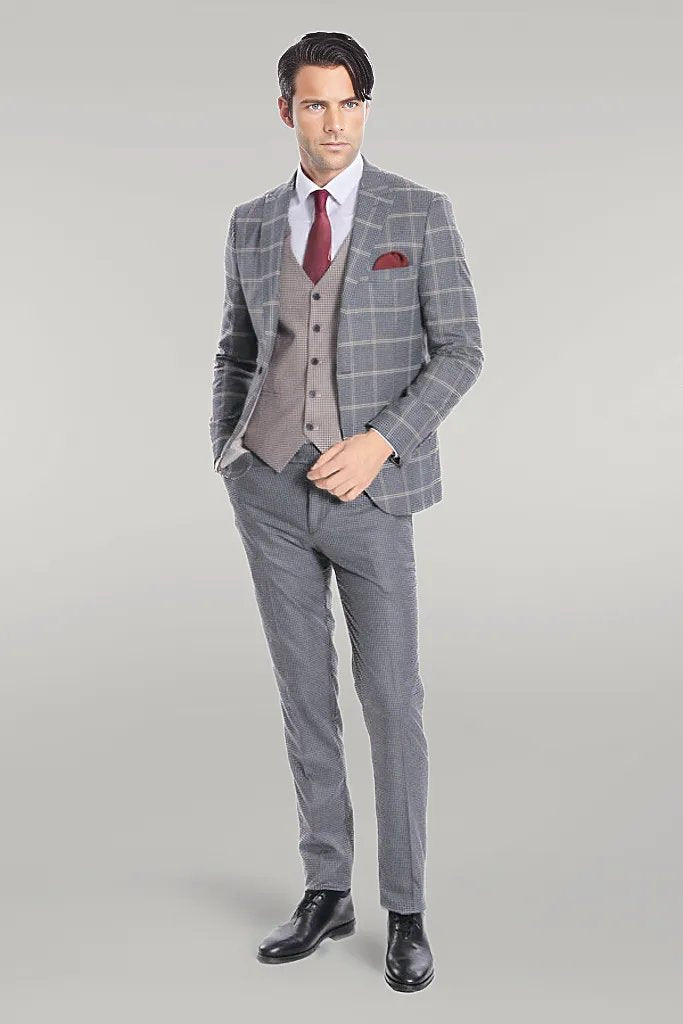 Checked Patterned Beige Vested Slim Fit Grey Men Suit