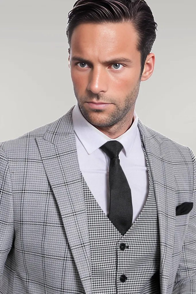 Checked Patterned Slim Fit Grey Men Suit