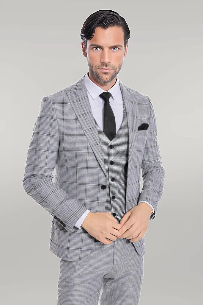 Checked Patterned Slim Fit Grey Men Suit