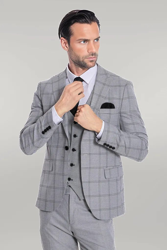 Checked Patterned Slim Fit Grey Men Suit