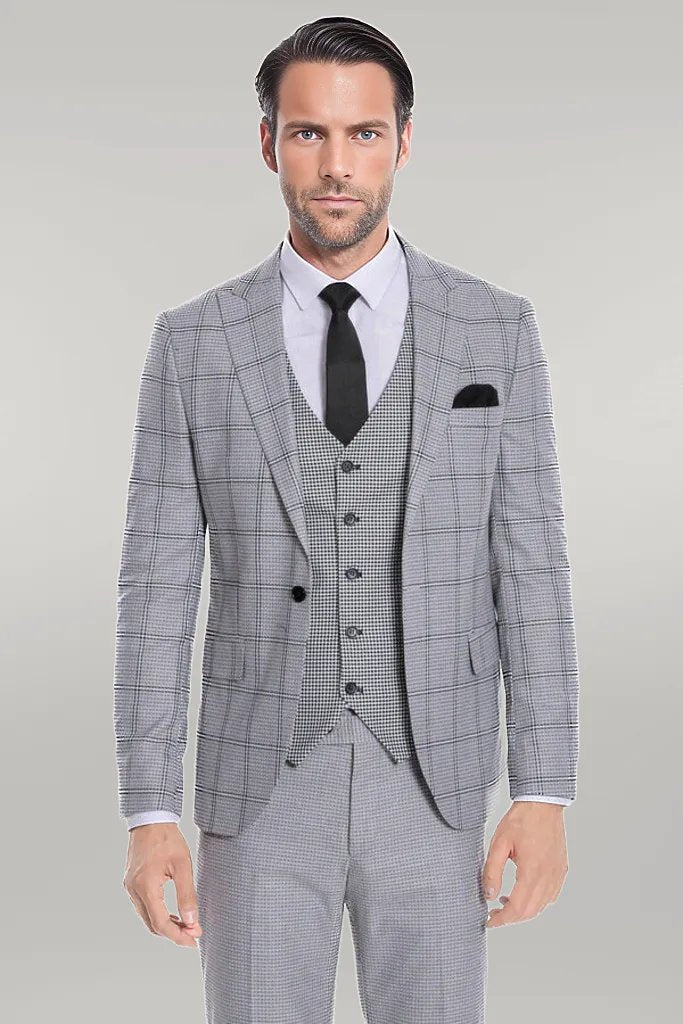 Checked Patterned Slim Fit Grey Men Suit
