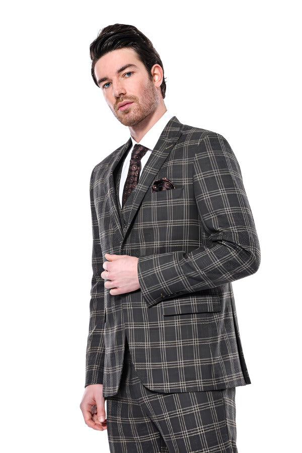 Checked Slim-Fit Black Men Blazer