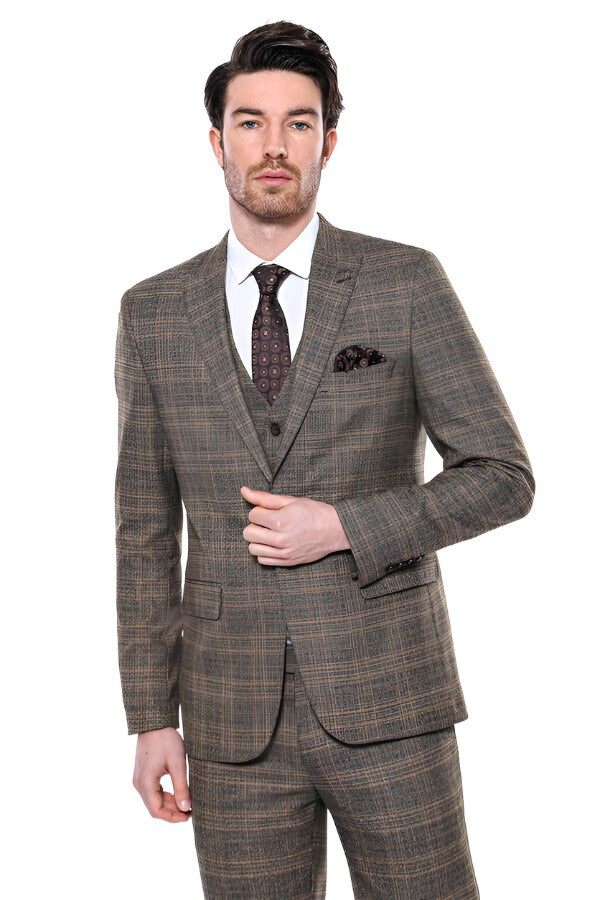 Checked Slim-Fit Brown Men Blazer -