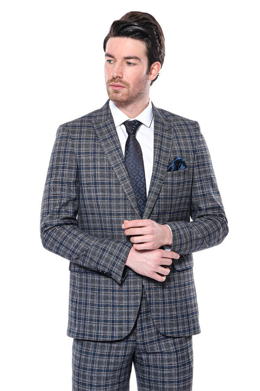 Checked Slim-Fit Navy Blue Men Blazer