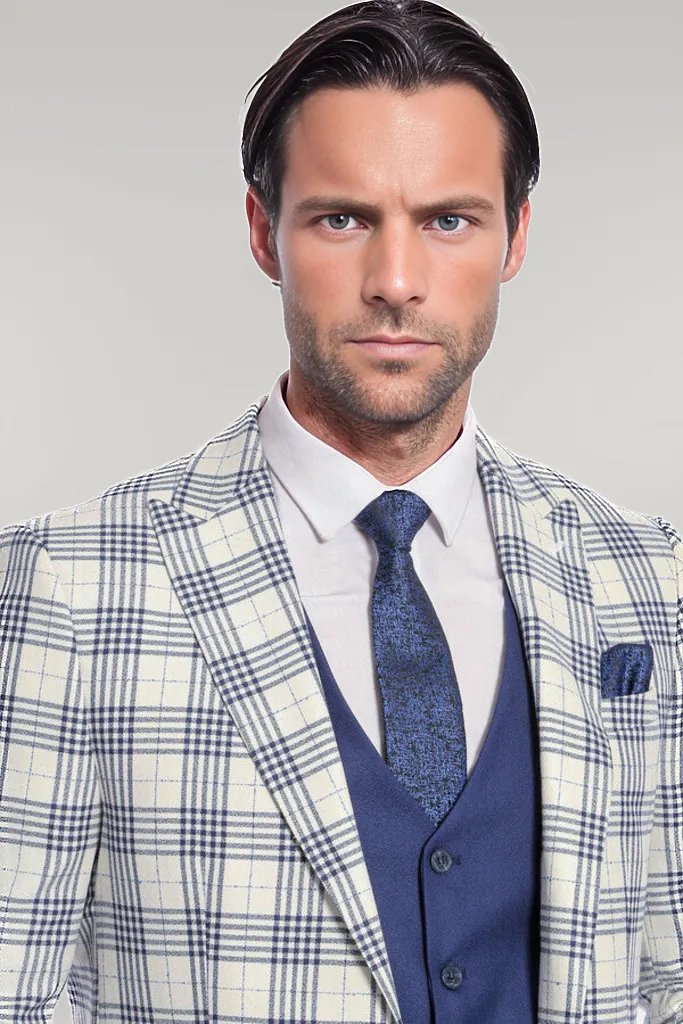 Checked Slim Fit Navy Blue Men Suit