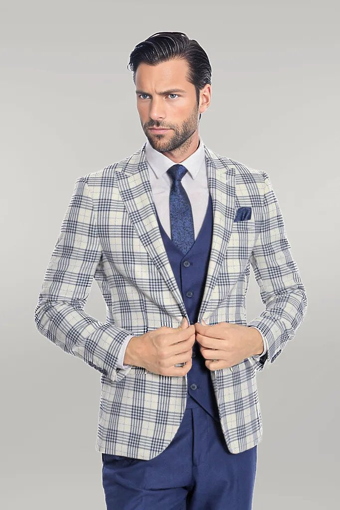 Checked Slim Fit Navy Blue Men Suit