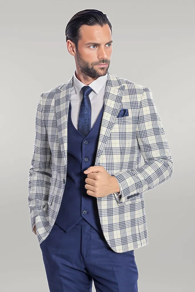 Checked Slim Fit Navy Blue Men Suit