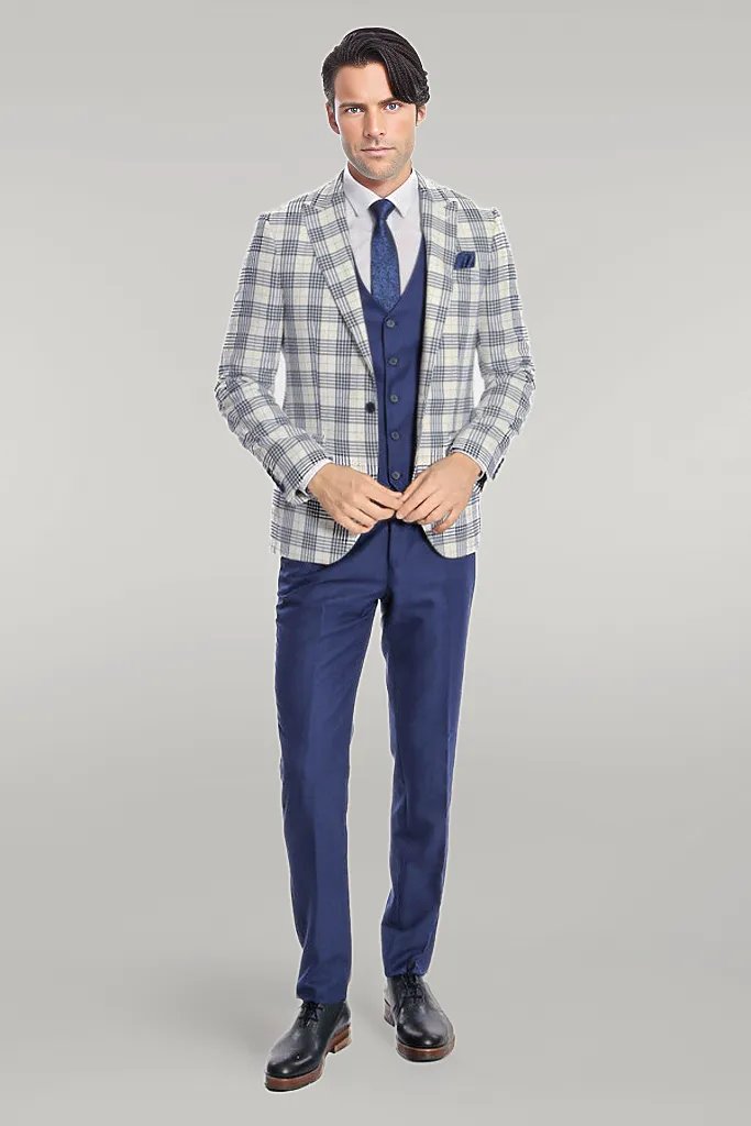 Checked Slim Fit Navy Blue Men Suit