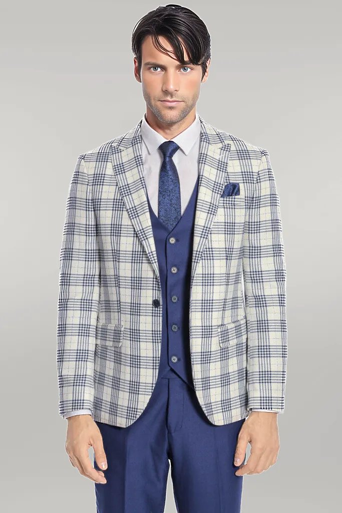 Checked Slim Fit Navy Blue Men Suit
