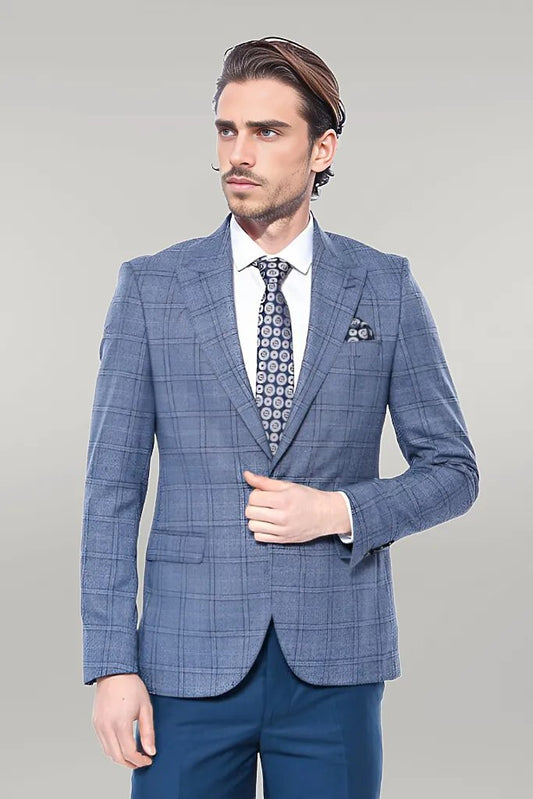 Checked Slim-Fit Single Button Blue Men Blazer