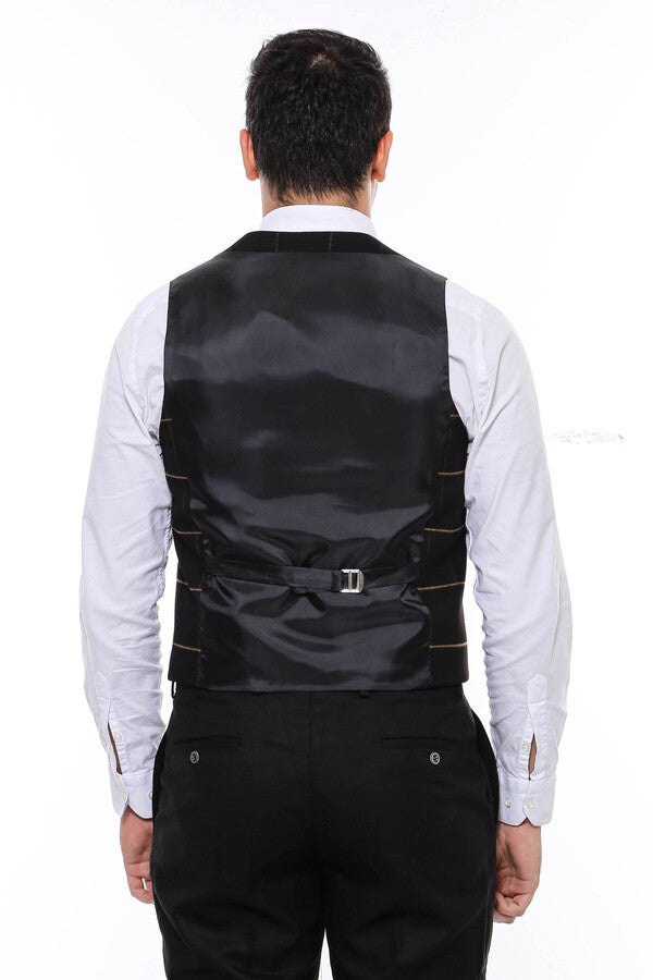 Checked V Neck Black Vest