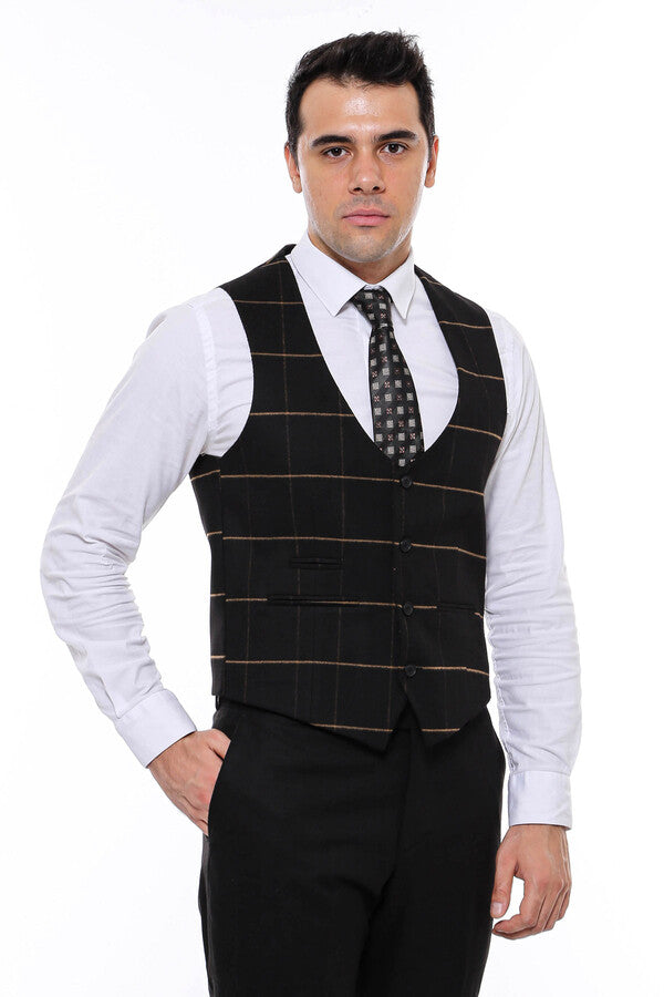Checked V Neck Black Vest