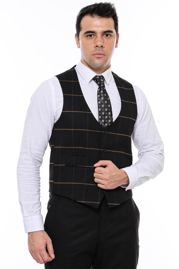Checked V Neck Black Vest