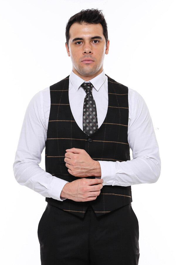 Checked V Neck Black Vest