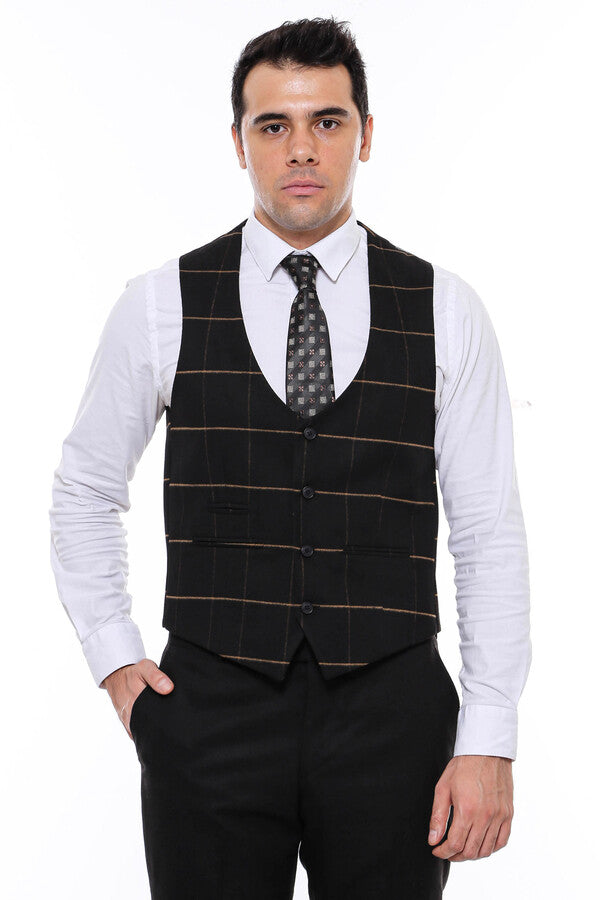 Checked V Neck Black Vest
