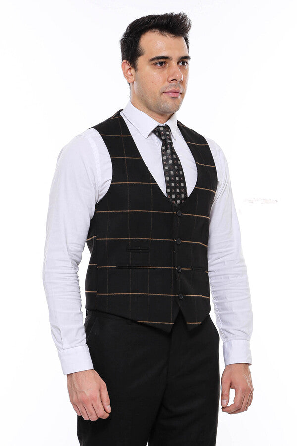Checked V Neck Black Vest