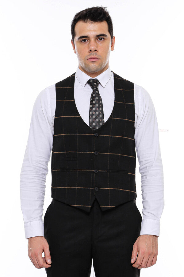 Checked V Neck Black Vest