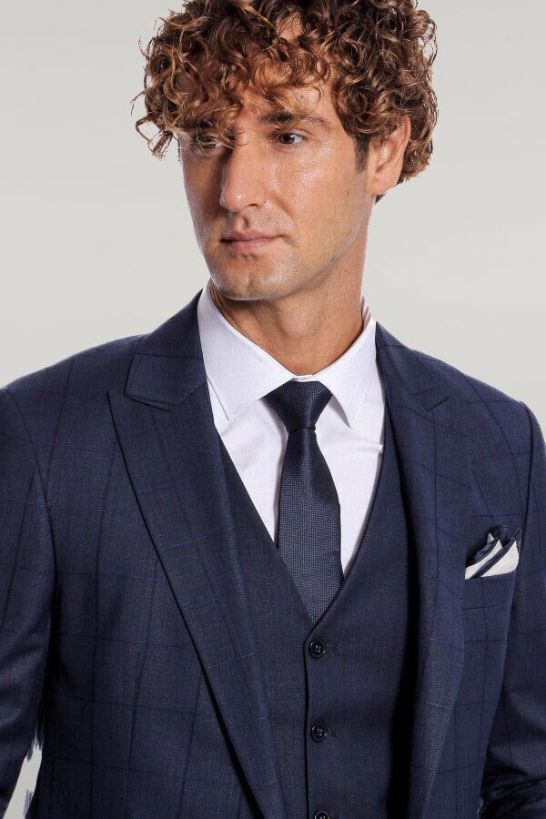 Checked Vested Slim Fit Navy Blue Men Suit