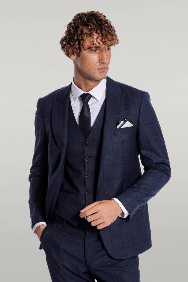 Checked Vested Slim Fit Navy Blue Men Suit