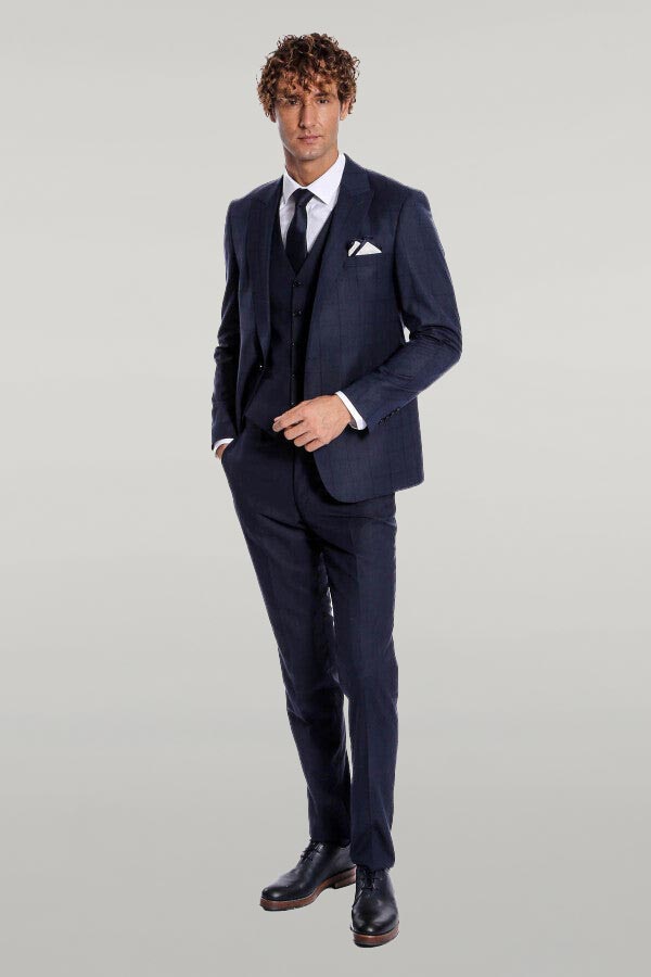 Checked Vested Slim Fit Navy Blue Men Suit