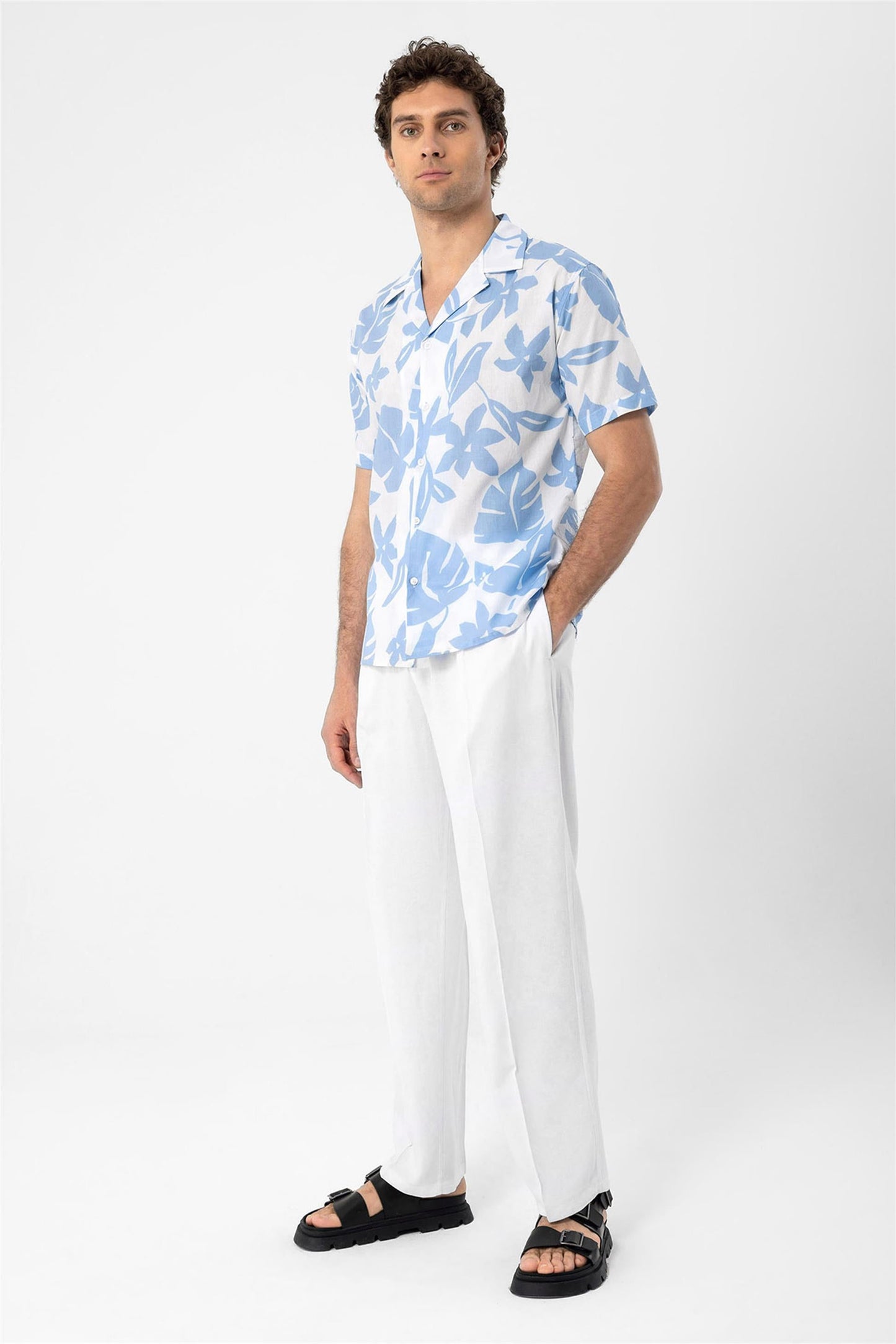 Men's Blue Floral Patterned Top Collar Shirt