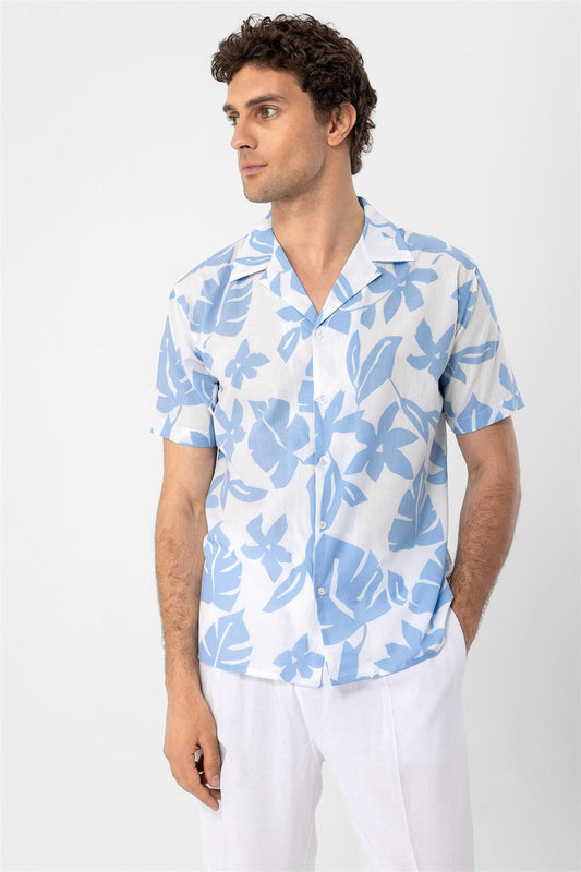 Men's Blue Floral Patterned Top Collar Shirt