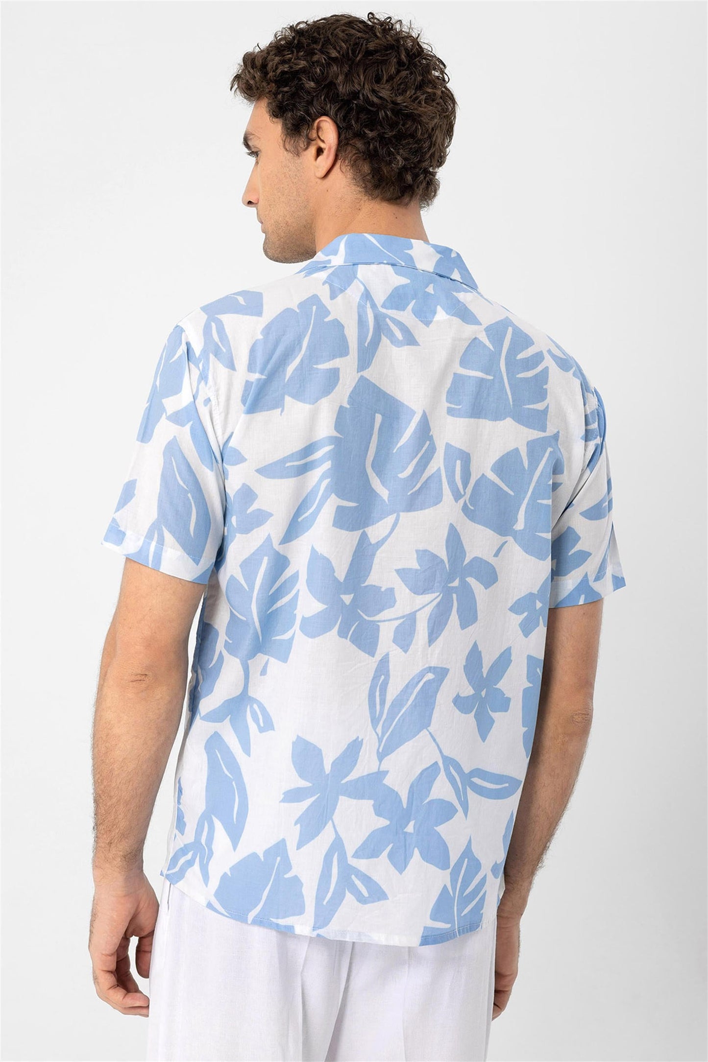 Men's Blue Floral Patterned Top Collar Shirt