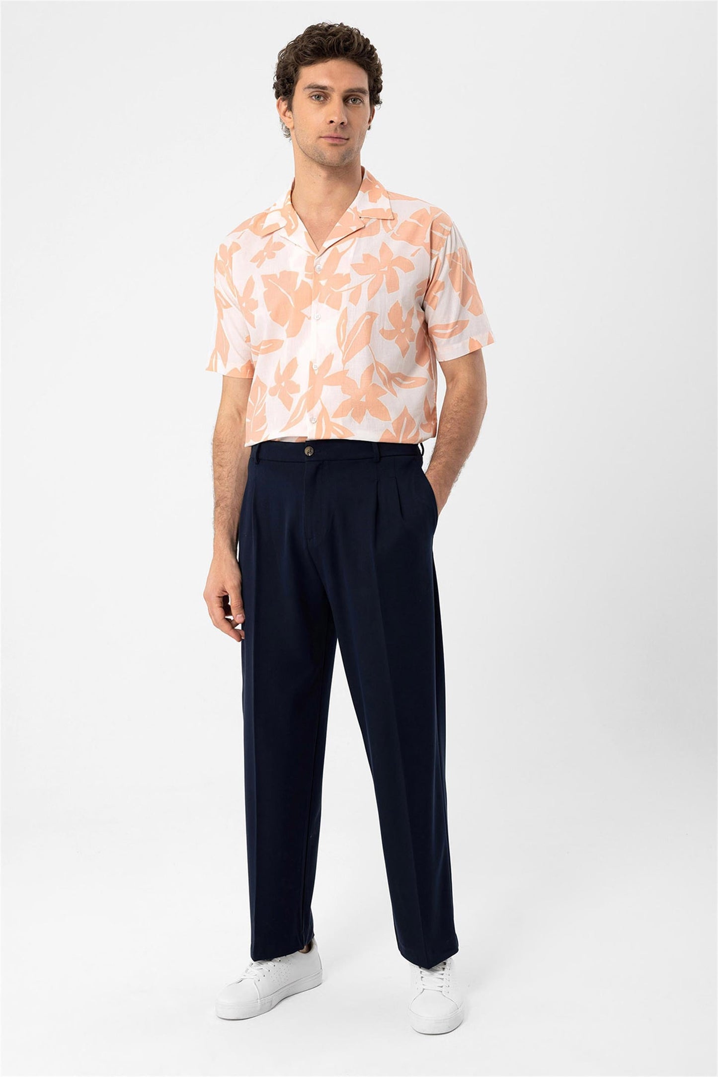 Men's Orange Floral Patterned Top Collar Shirt