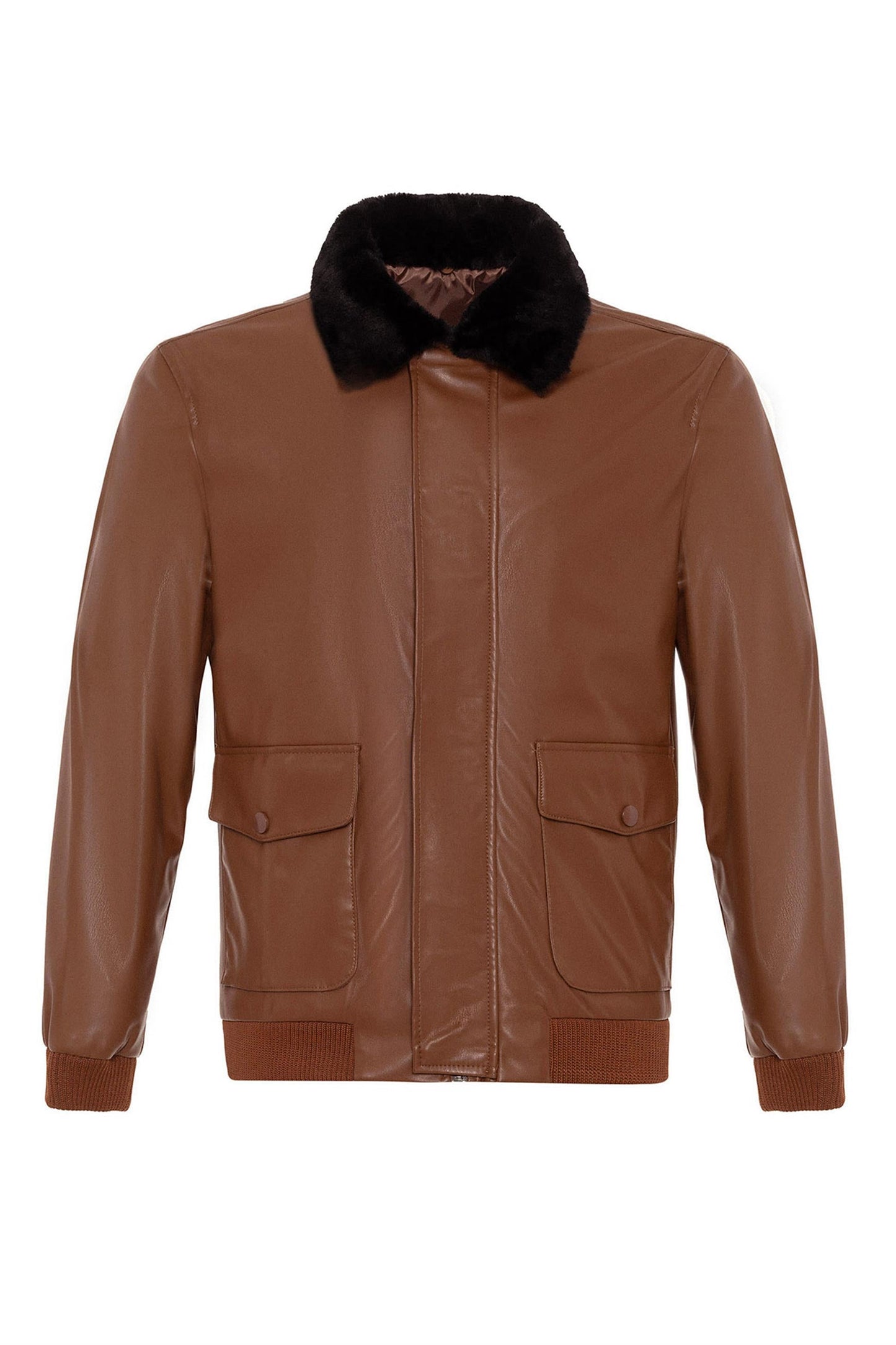 Men's Brown Double Pocket Fur Collar Leather Coat