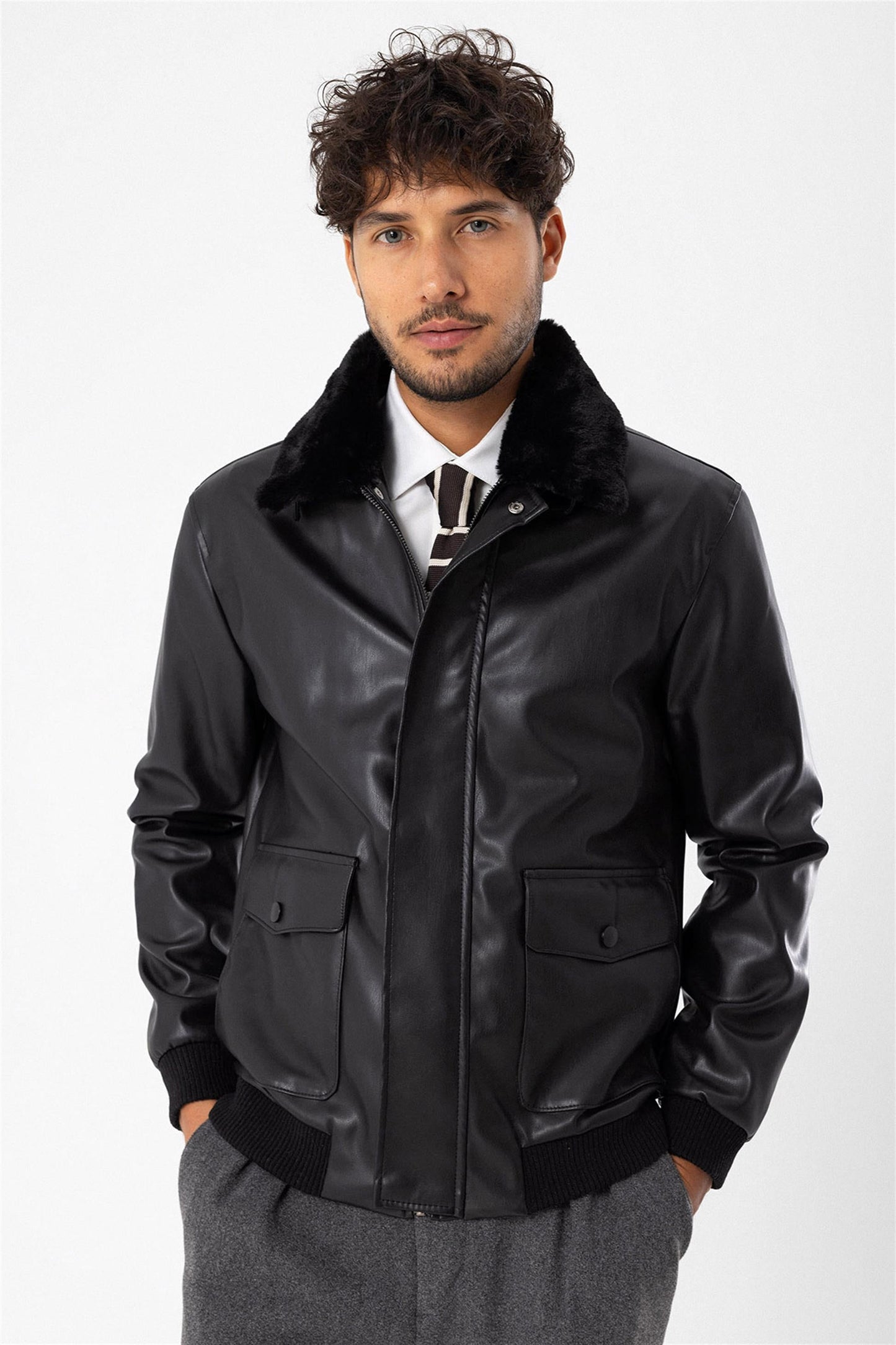 Men's Black Double Pocket Fur Collar Leather Coat