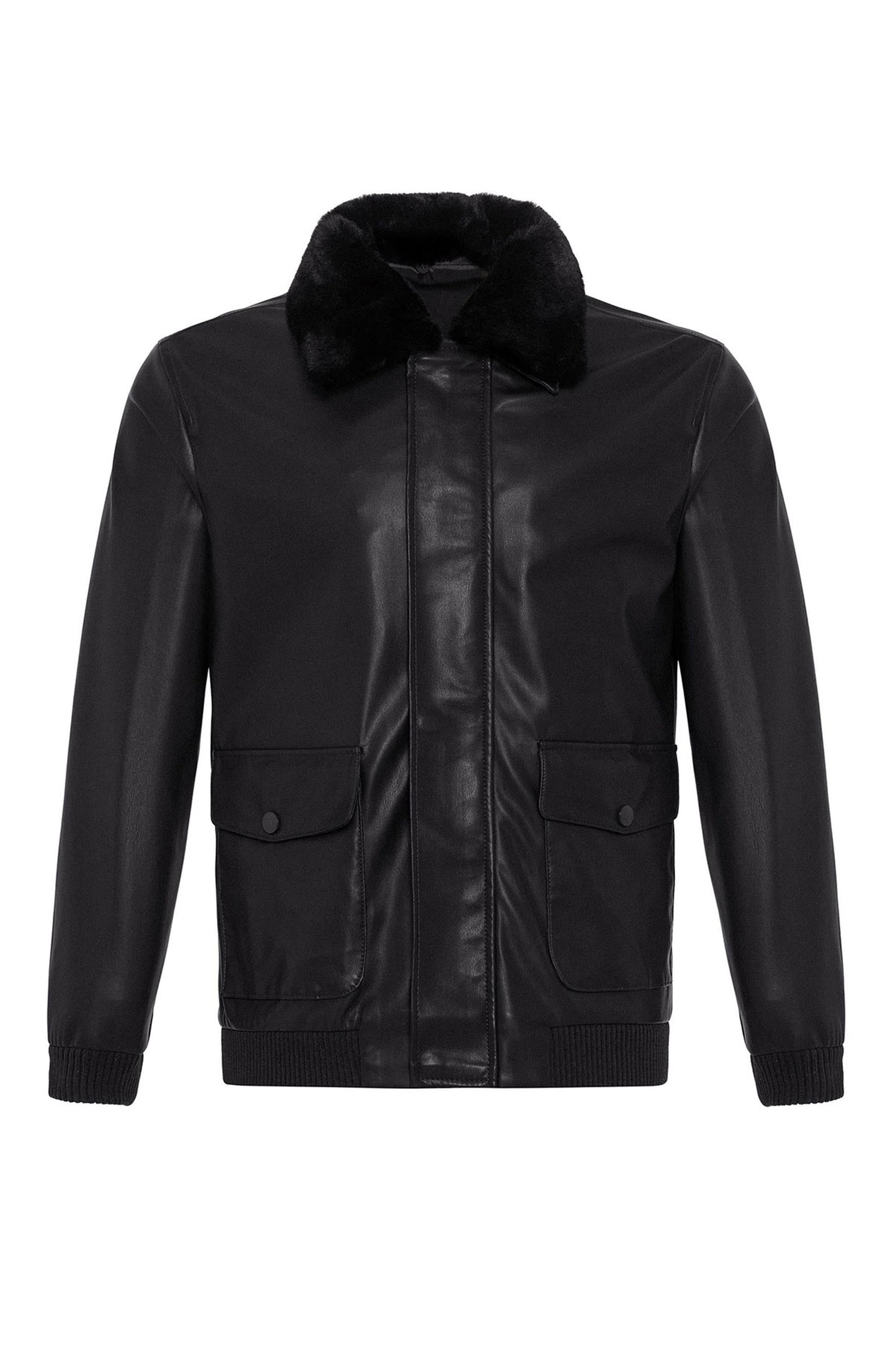 Men's Black Double Pocket Fur Collar Leather Coat