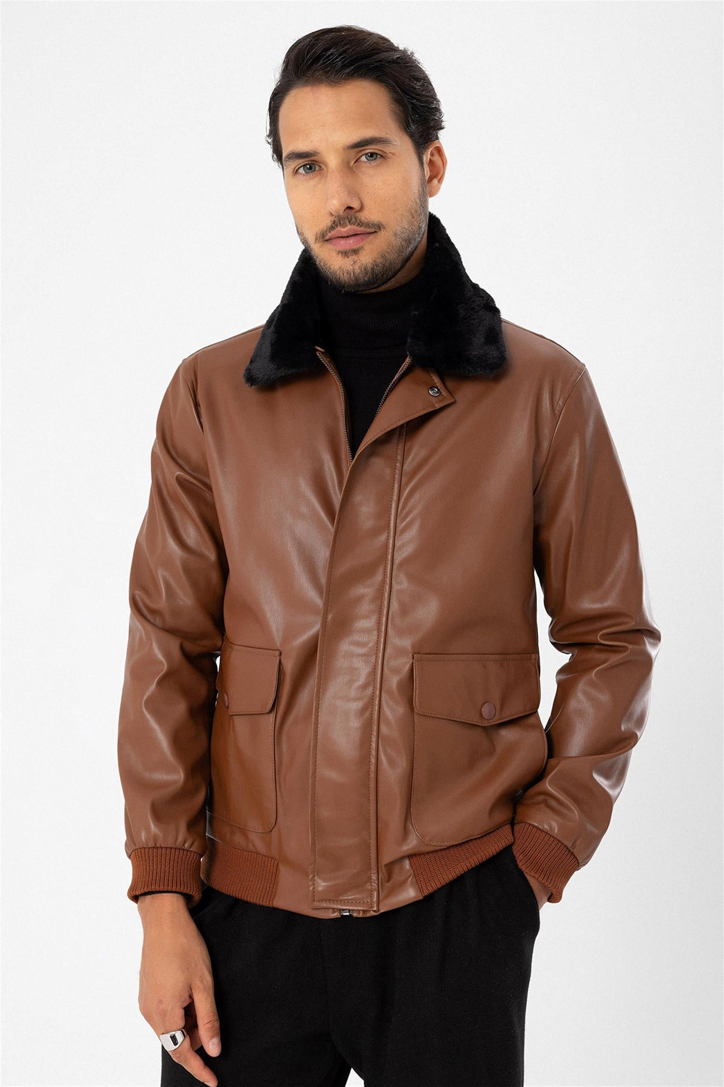 Men's Brown Double Pocket Fur Collar Leather Coat