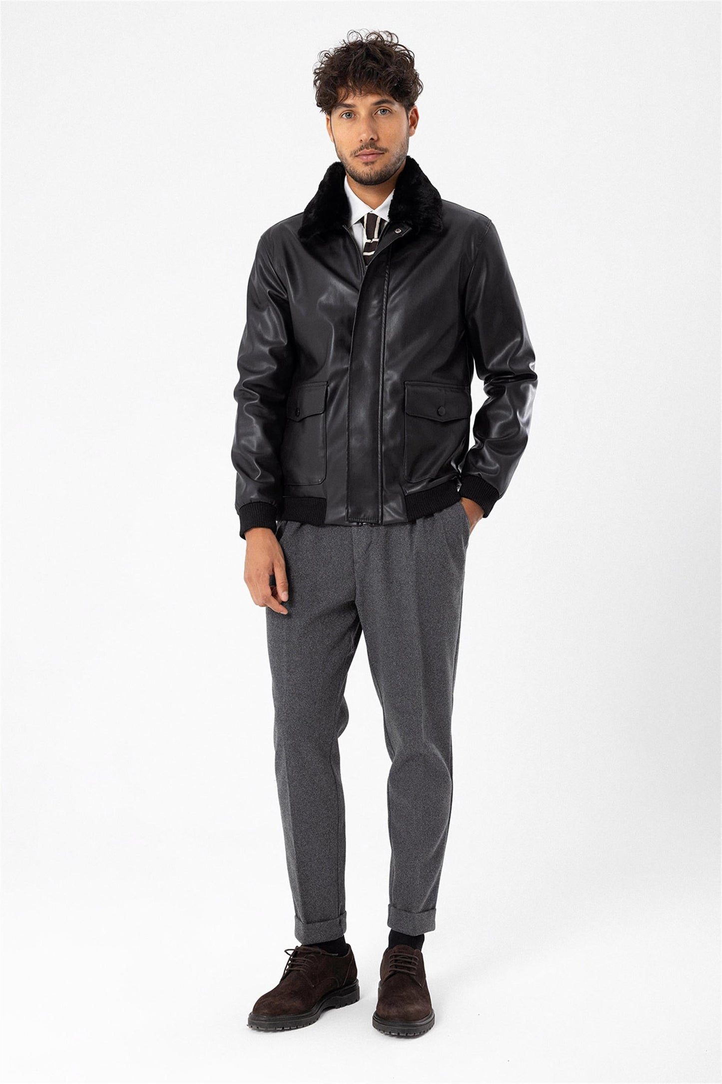 Men's Black Double Pocket Fur Collar Leather Coat