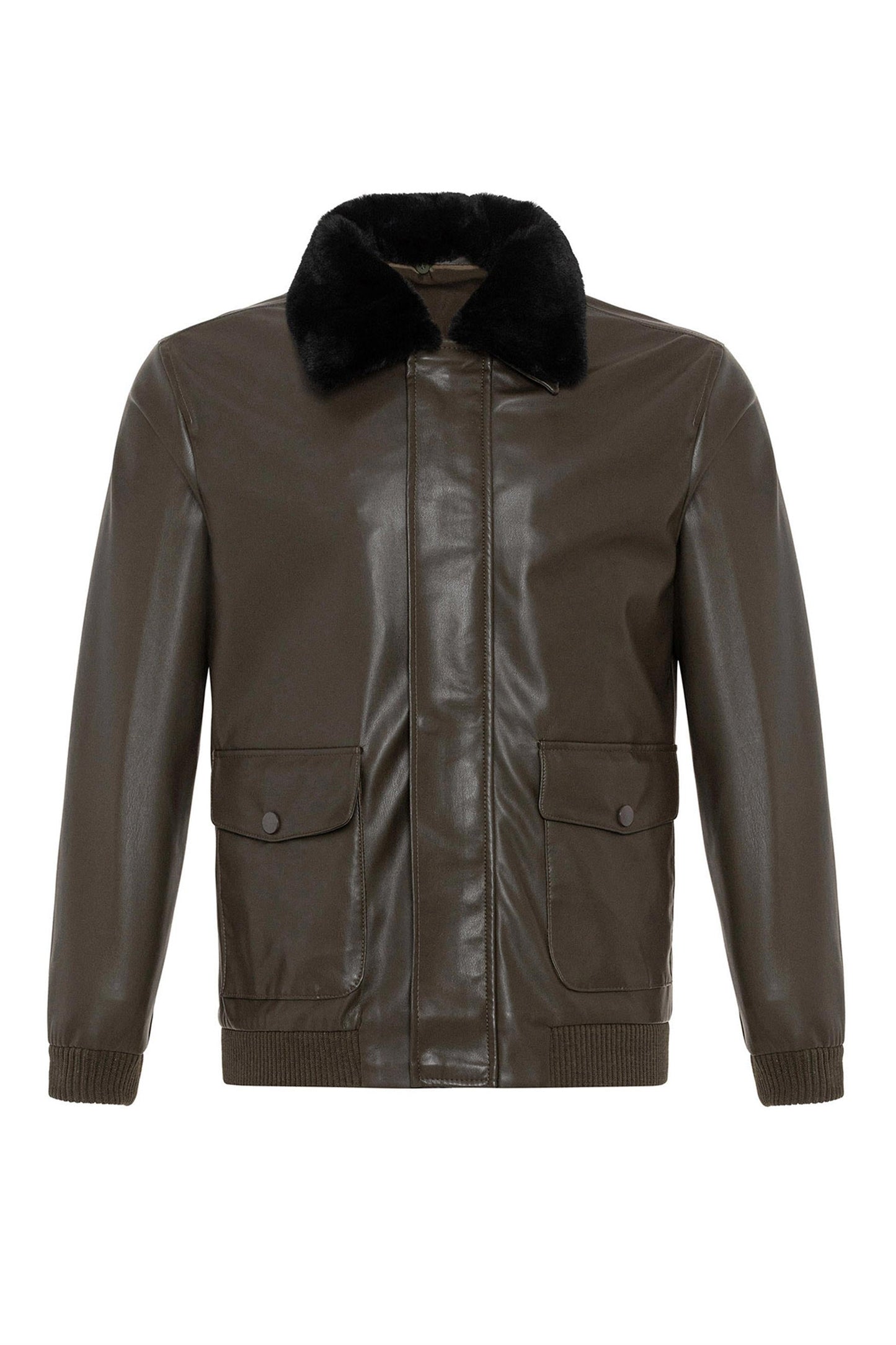 Men's Khaki Double Pocket Fur Collar Leather Coat