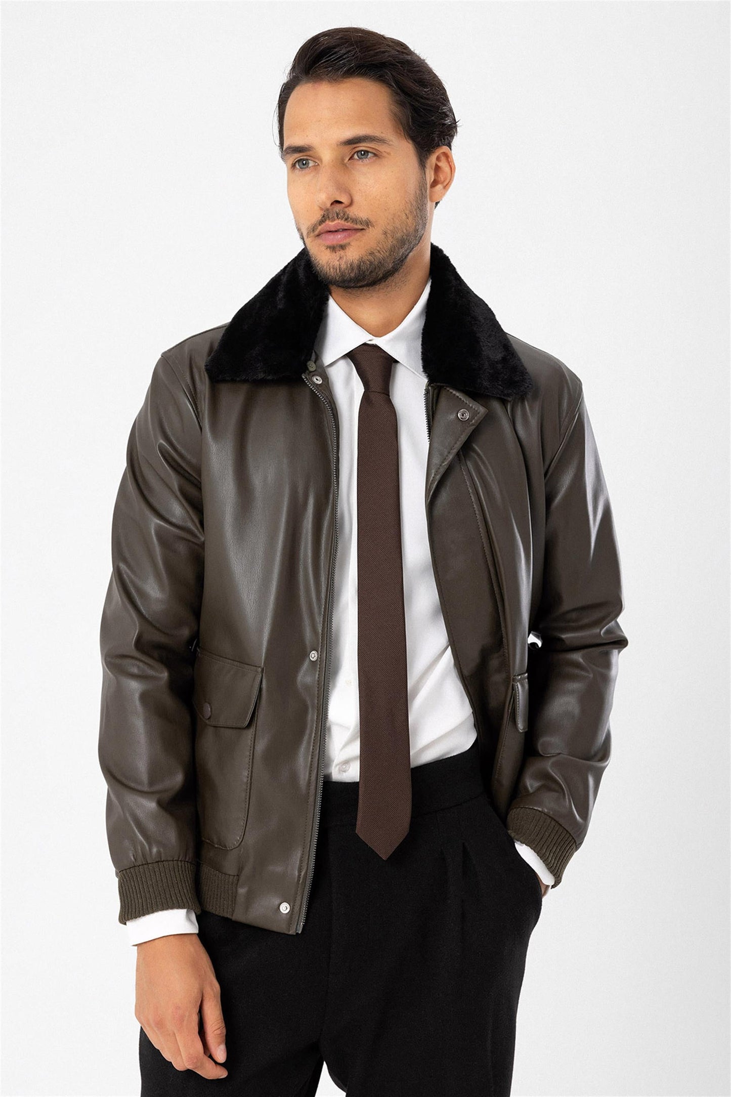 Men's Khaki Double Pocket Fur Collar Leather Coat