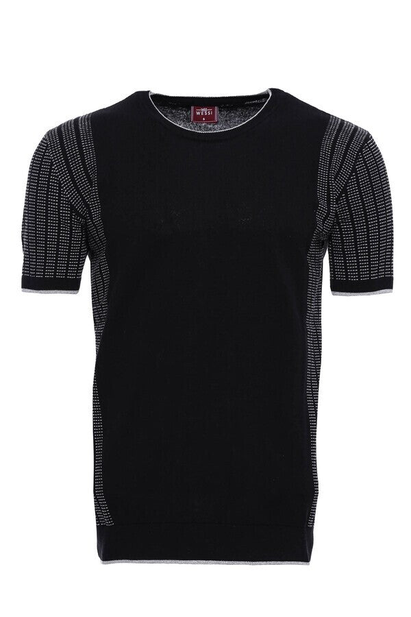 Circle Neck Patterned Black Knitted T-Shirt