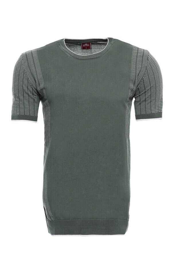 Circle Neck Patterned Green Knitted T-Shirt